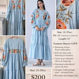Anthropologie Light Blue Floral Embroidered Maxi Dress